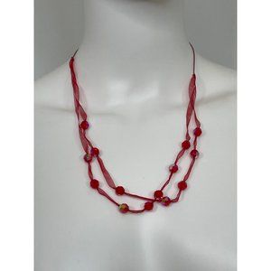 Women’s Red Beaded Fashion Necklace 26” Double Strand Ribbon Adjustable Pull